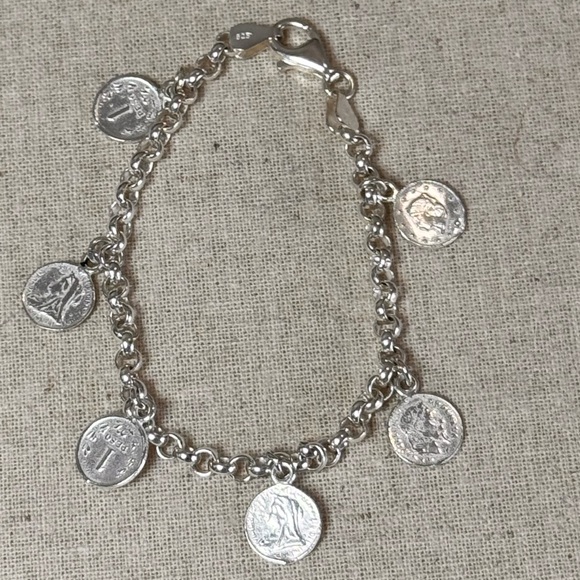 Vintage Jewelry - Vintage Sterling Silver Coin Charm Bracelet Italy